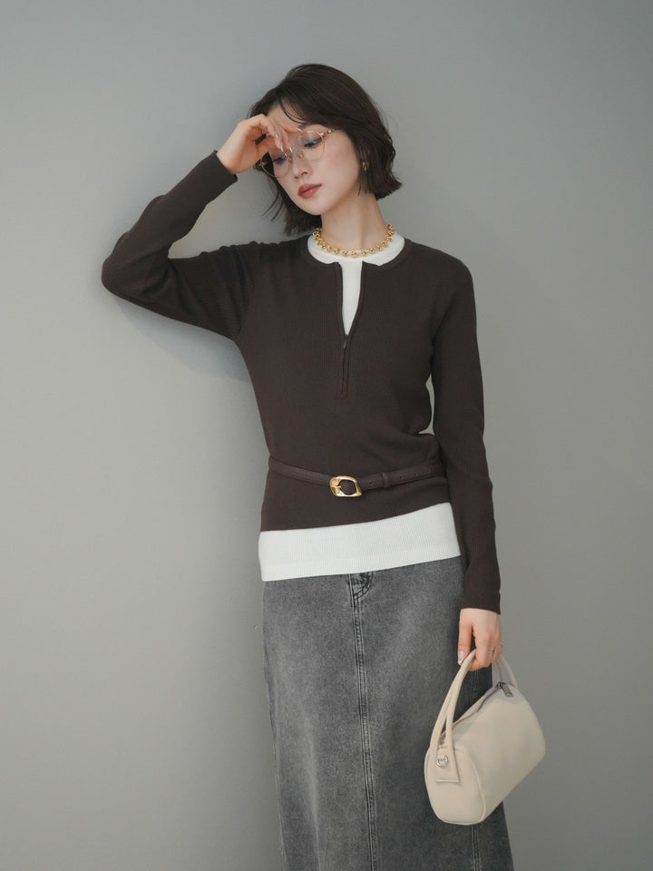 [予約]フロントジップ配色レイヤードニットトップス/choco