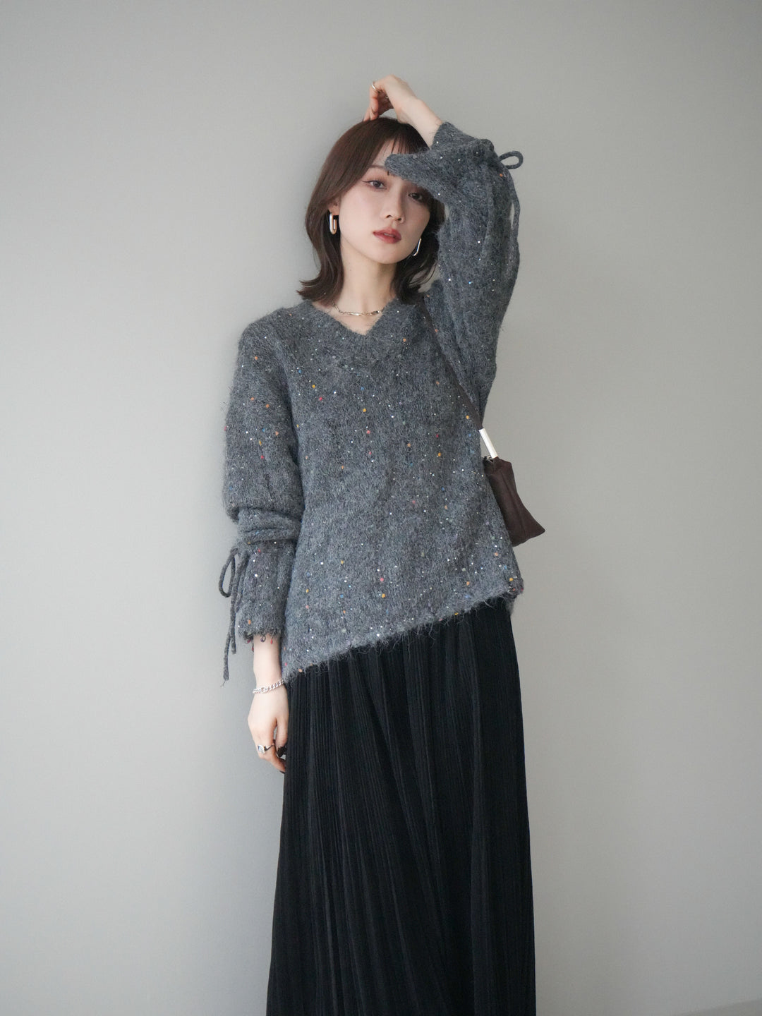 [予約]キャンディースリーブカラーネップスパンコールニットプルオーバー/gray