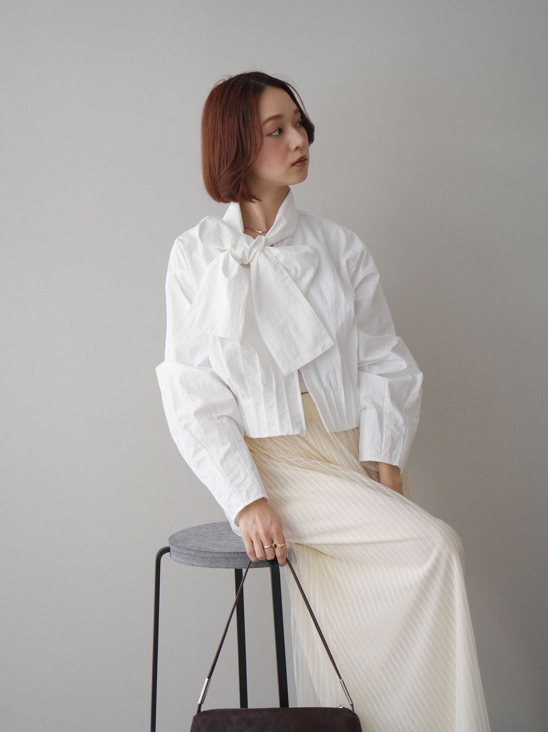 [SET]ボウタイ裾プリーツライトジャケット+ストライプチュールボリュームバギーパンツ(2set)