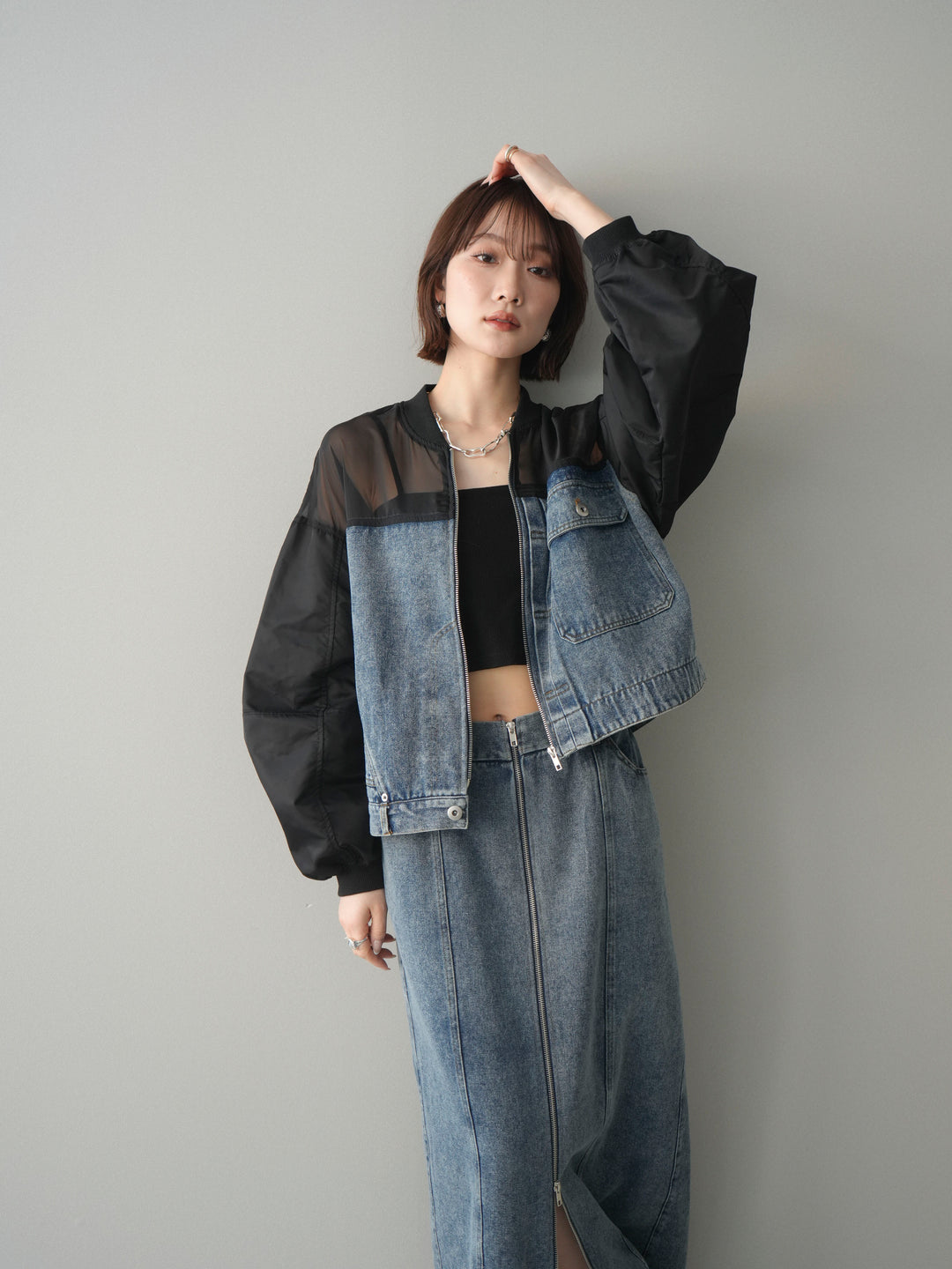 [SET]異素材デニムブルゾン+フロントジップデニムスカート(2set)