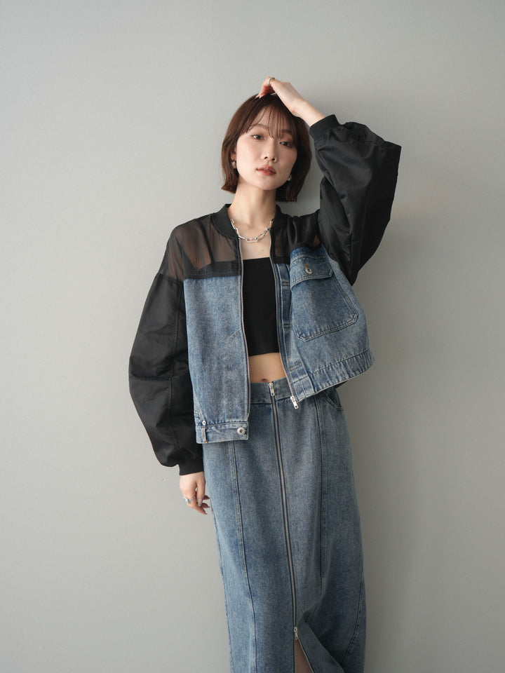 [SET]異素材デニムブルゾン+フロントジップデニムスカート(2set)