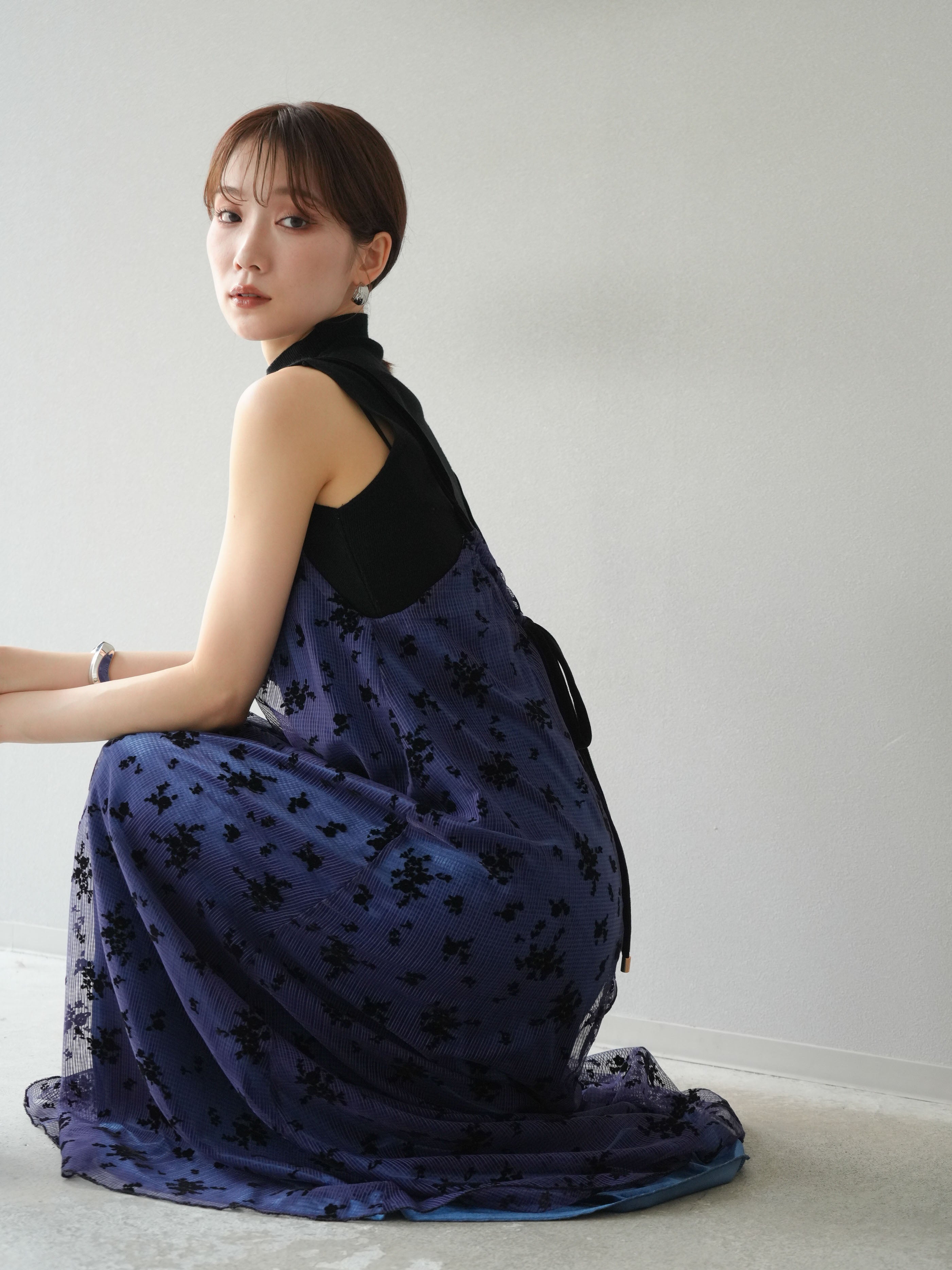 予約]フロッキーチュールレイヤードベロアキャミワンピース/パープル