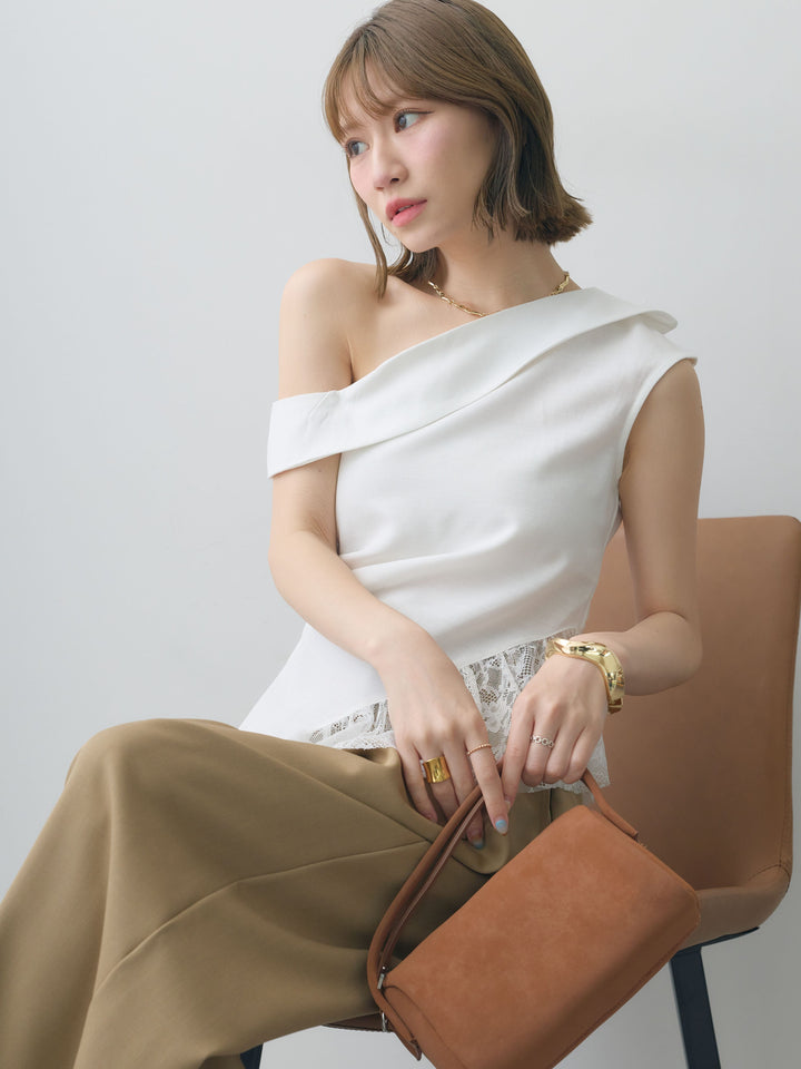 [SET]アシンメトリーラッフルレースヘムトップス+クレープデシンタックワイドパンツ(2set)