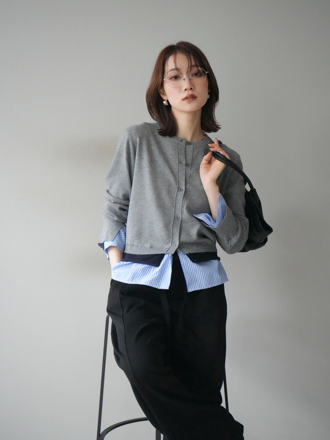 [SET]シャツ襟レイヤードニットカーディガン+ベルト付スウェットワイドパンツ(2set)