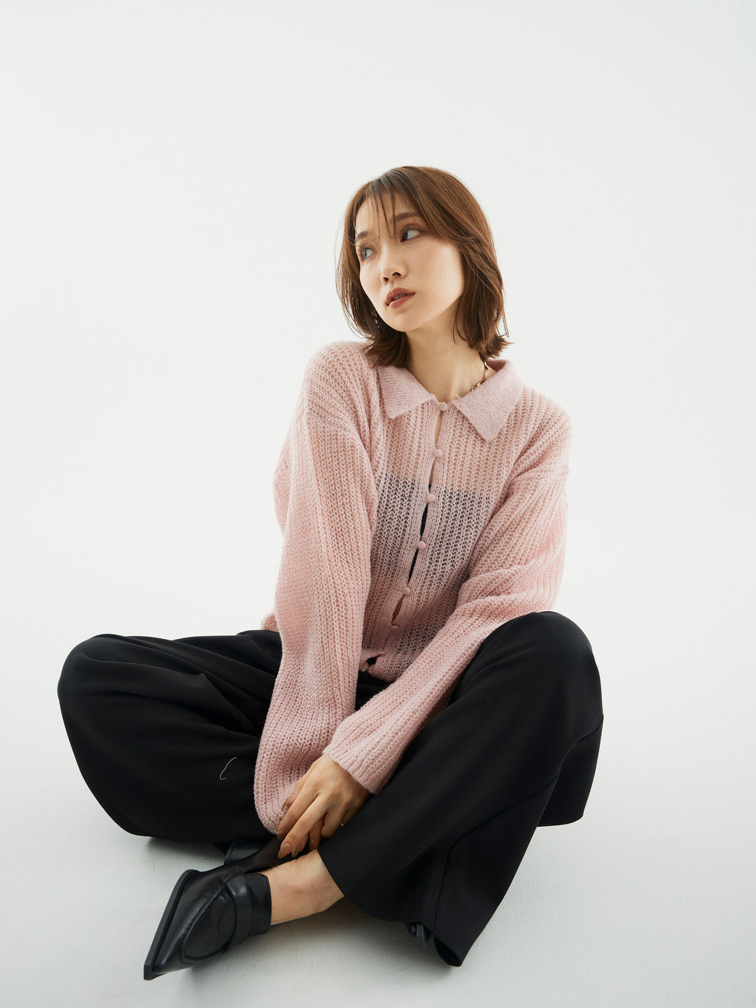 【Allure】[SET]起毛片畦編みシアーポロニット+起毛片畦編みシアーポロニット(2set)