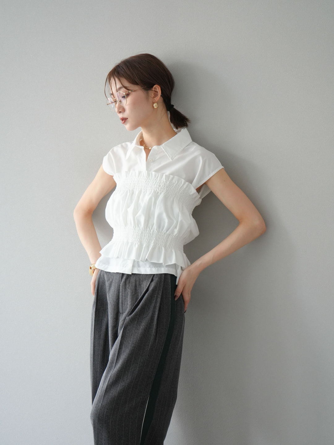 [予約]ブロードシャーリングビスチェ＆ノースリブラウスSET /オフ