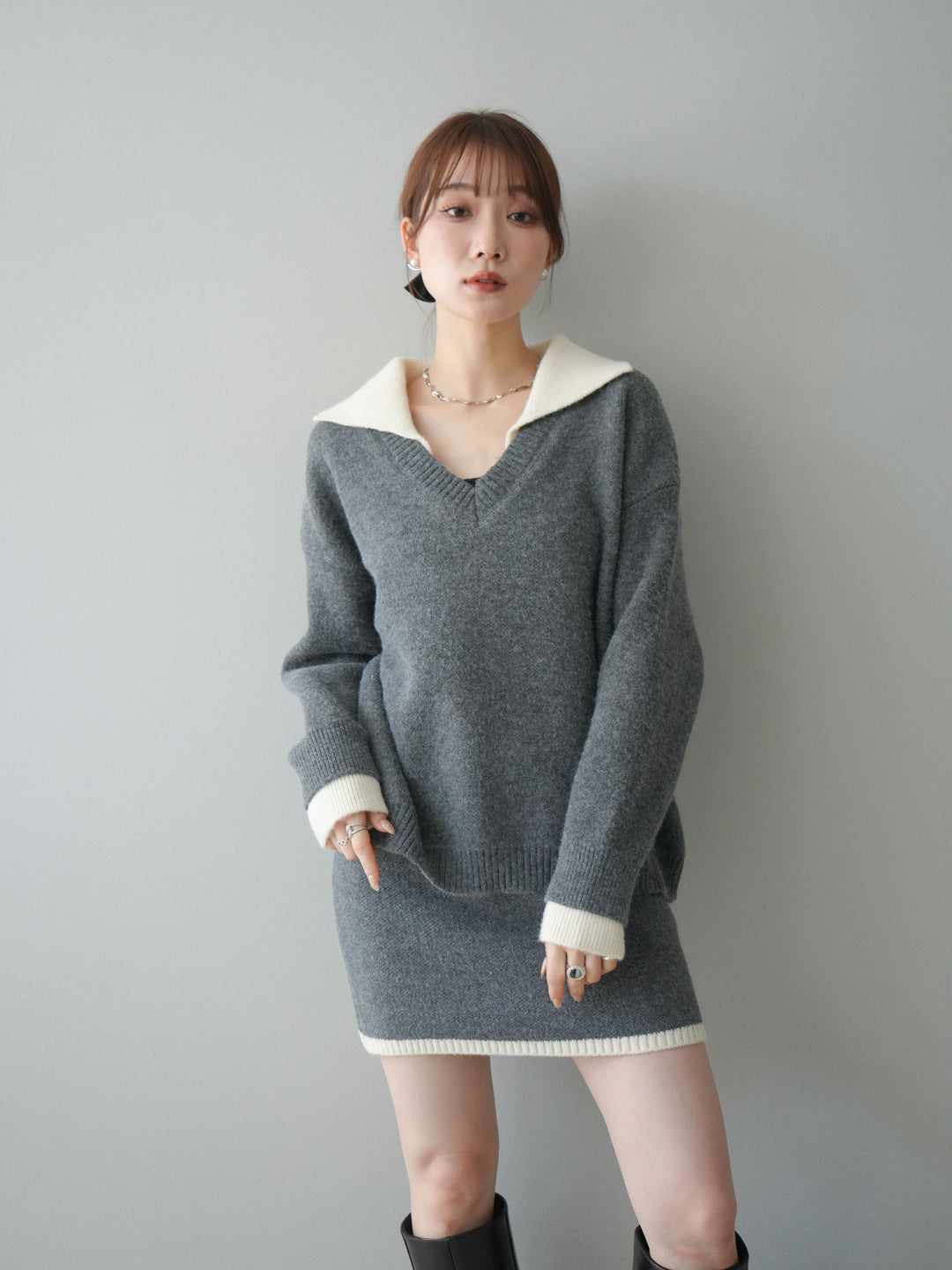 [SET]配色襟ニット＆ミニスカートSET UP(2set)