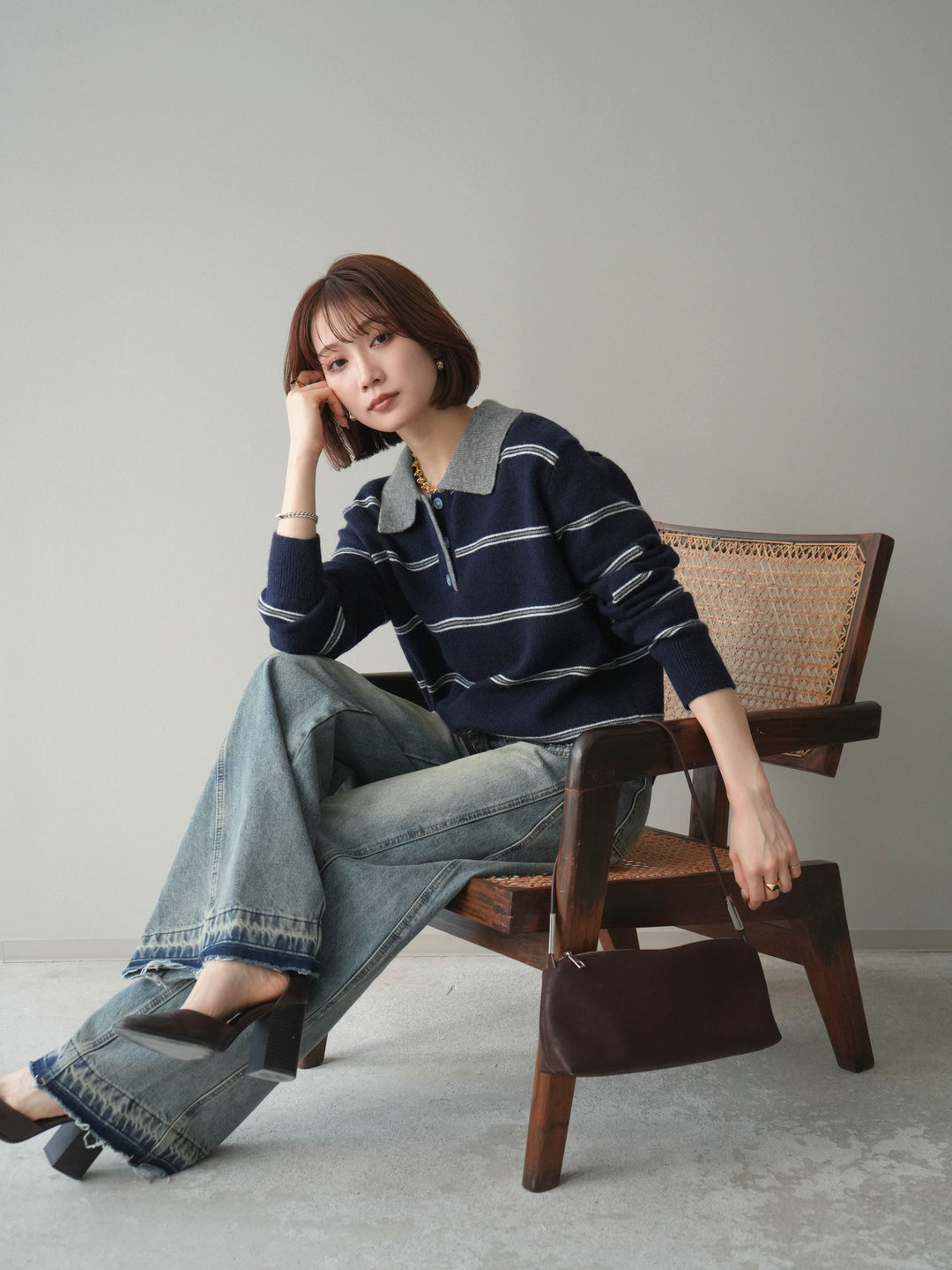 [予約]バイカラーボーダーポロニットプルオーバー/navy