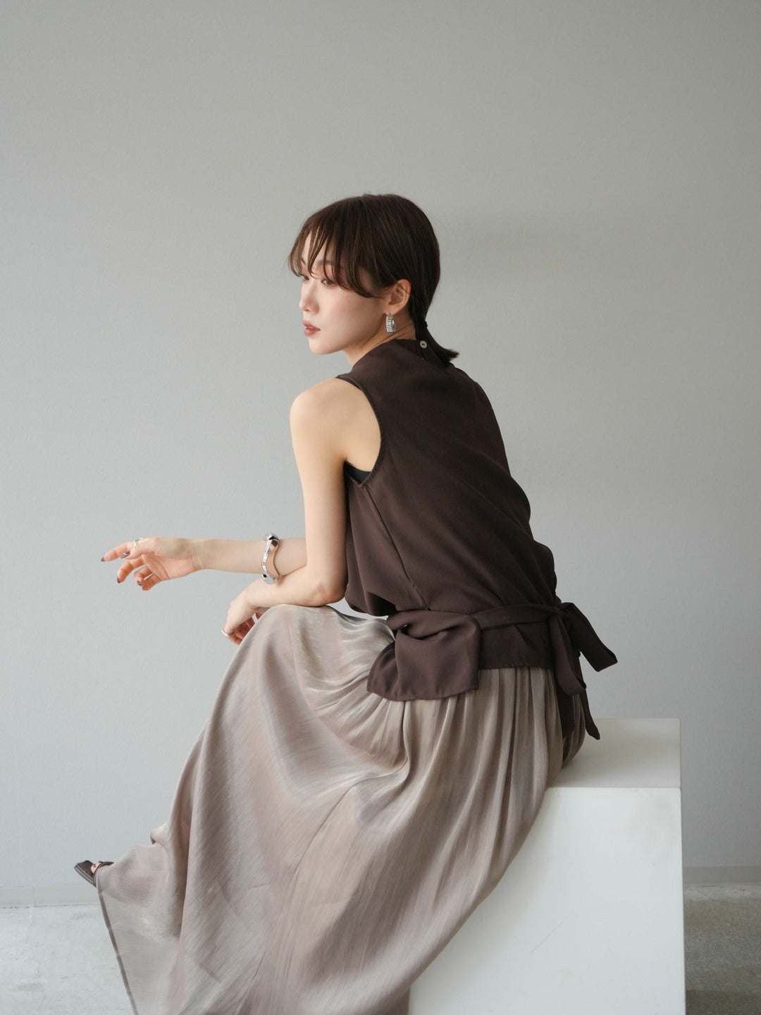 [SET]ノースリーブトップス＆シャイニーフレアスカートSET UP/(2set)