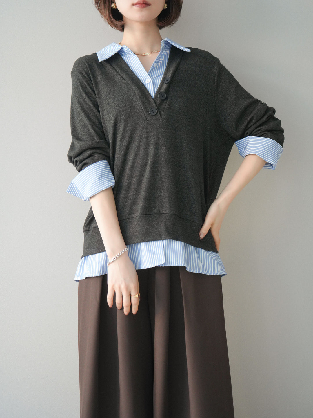 [予約]シャツレイヤードデザインカットプルオーバー/charcoal