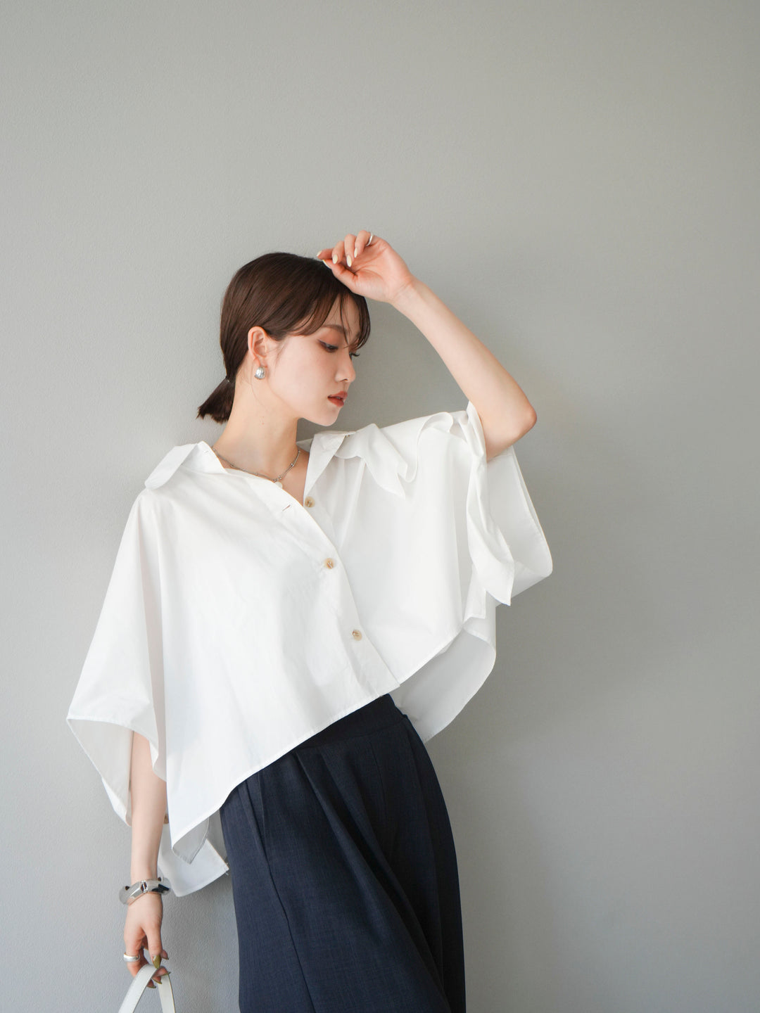 [SET]ポンチョショートシャツ+リネンライクイージーワイドパンツ(2set)