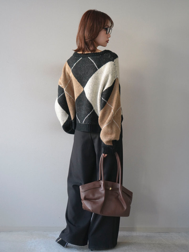 [SET]配色ステッチアーガイル柄ニットプルオーバー+ベルトループデザインワイドパンツ(2set)