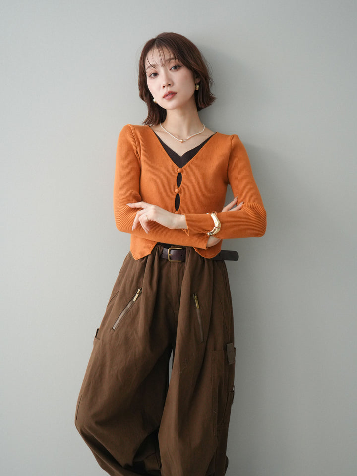 [SET]Vネック配色レイヤードスリットニットトップス+選べるアクセセット(2set)