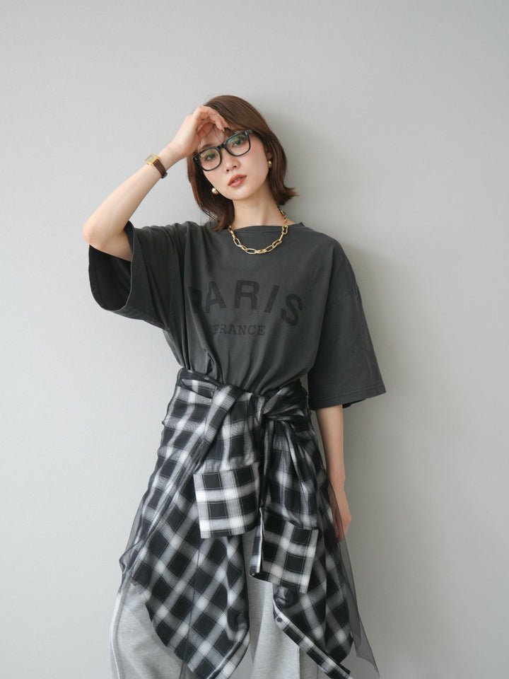 [SET]ピグメントロゴプリントTシャツ+2WAYデザインスウェットパンツ+チュールドッキングチェック柄オーバーサイズシャツ(3set)