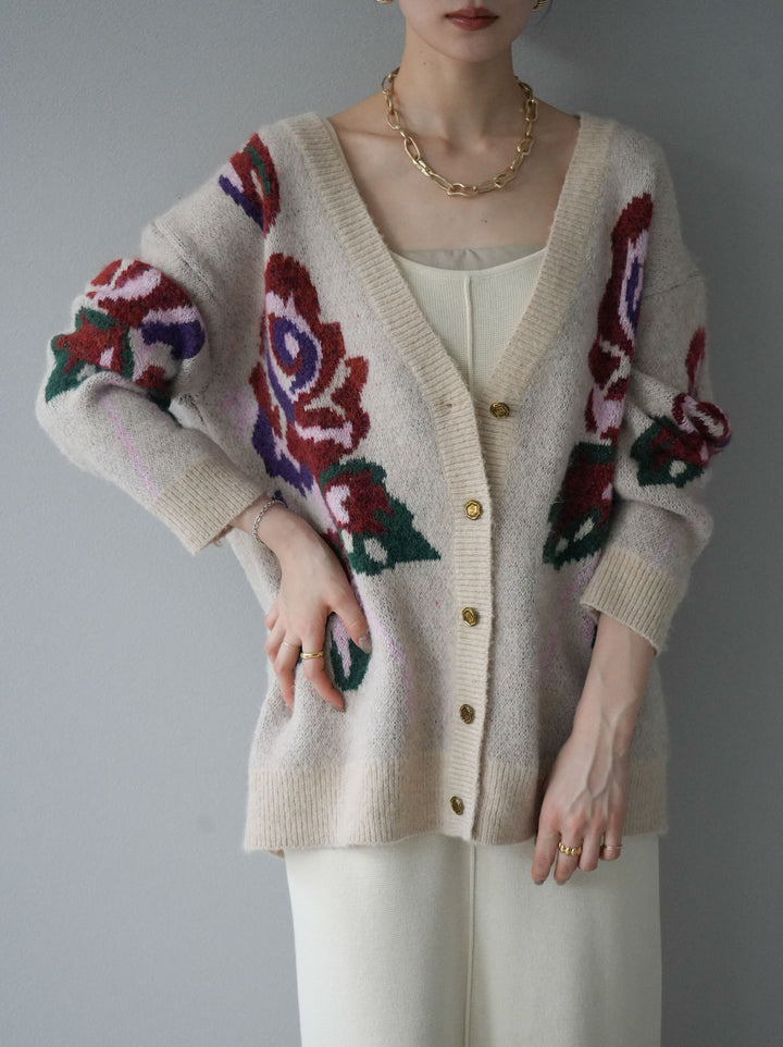 [予約]フラワー柄ゴールドボタンVネックニットカーディガン/アイボリー