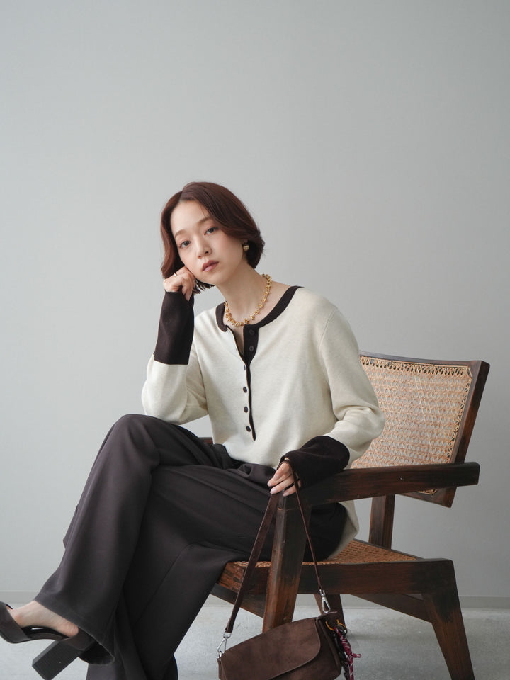 [SET]ヘンリーネック配色ニットソー+ベルトループデザインワイドパンツ(2set)