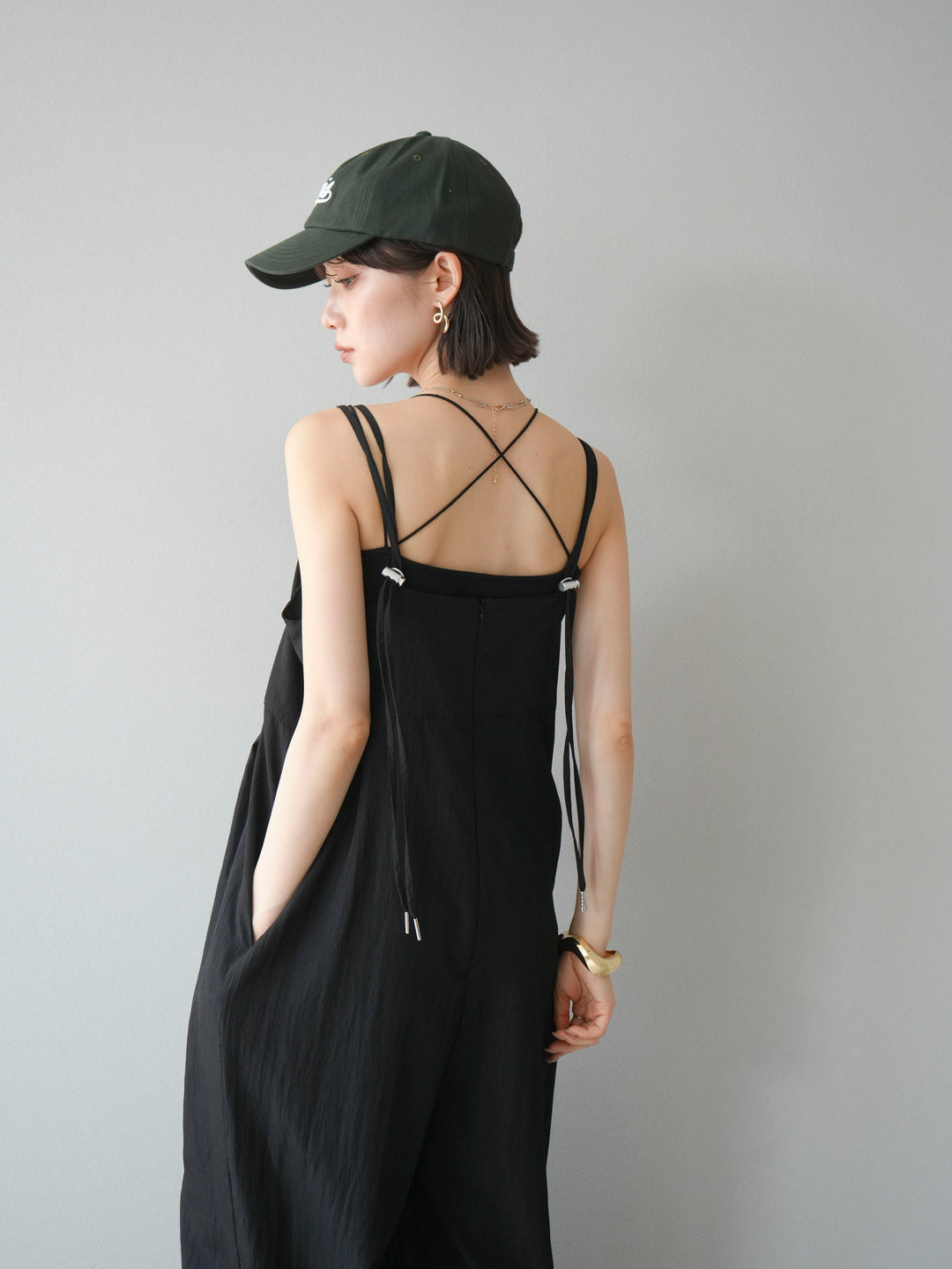 [SET]リネンライクビスチェデザインサロペット+ダブルストラップカットリブブラキャミソール(2set)