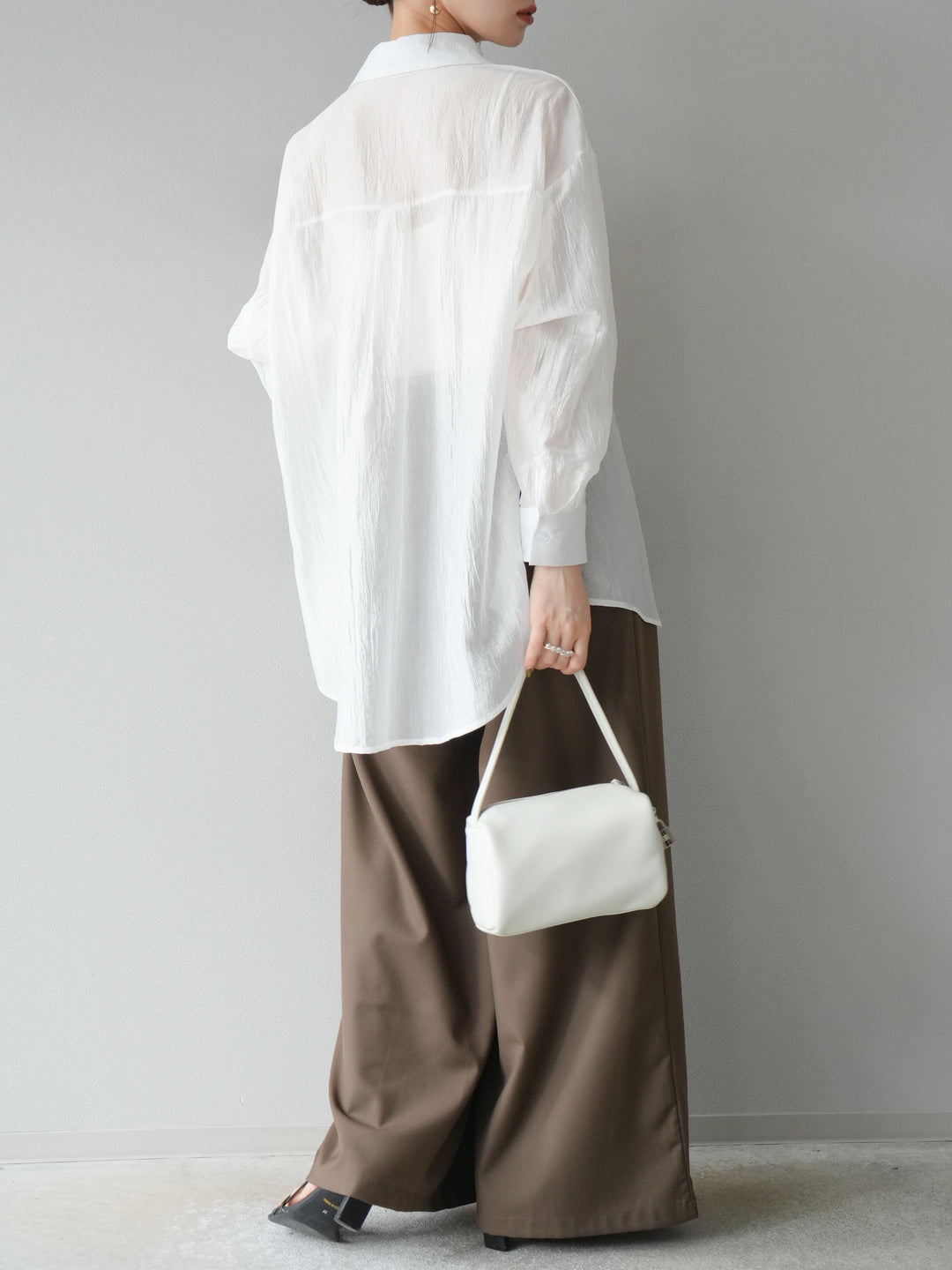 【預購】寬褲，捲腰，附logo褶/褐色