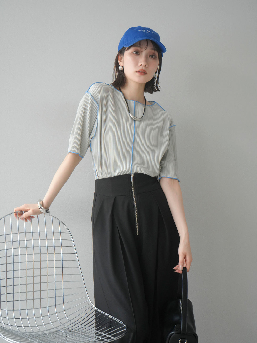 【SET】配色褶皺半袖上衣 + 配色褶皺半袖上衣 (2 件套)