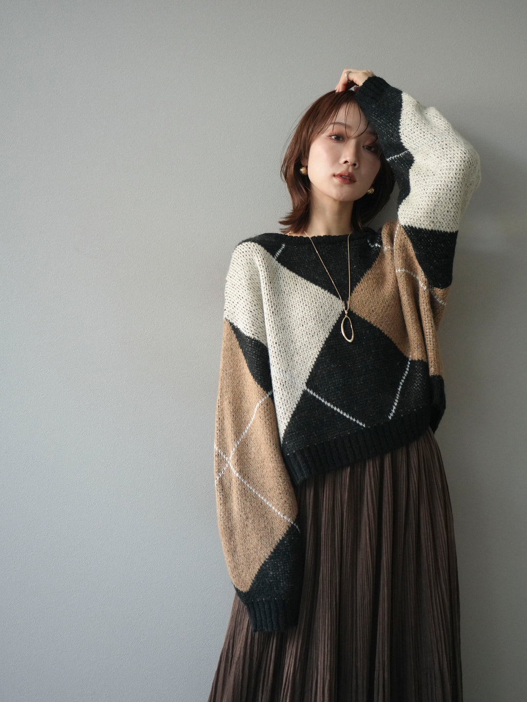 [予約]配色ステッチアーガイル柄ニットプルオーバー/black