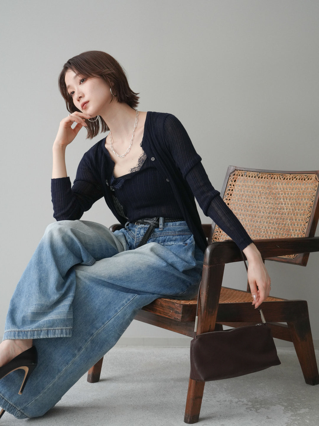 [予約]インナーレースキャミソール＆カーディガンアンサンブル/navy
