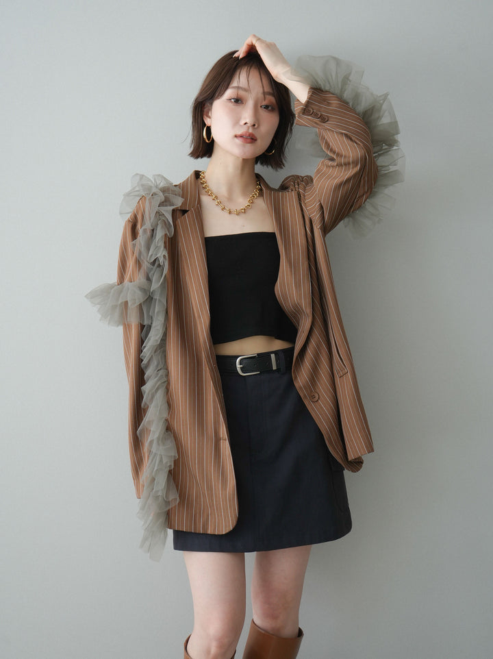 [予約]アシンメトリーチュールストライプジャケット/goldbrown