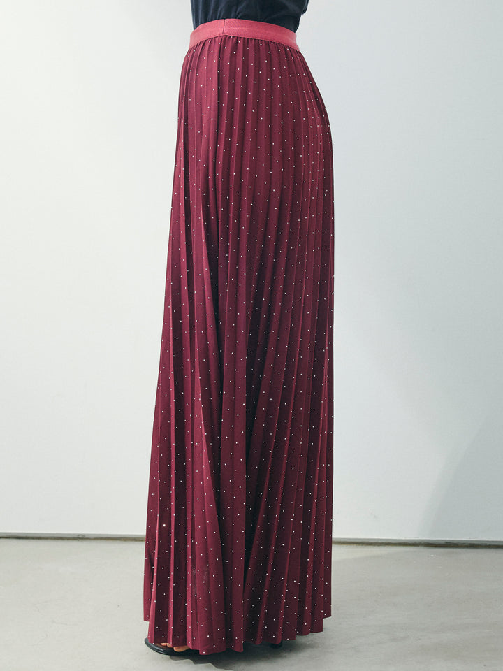 [予約]ラインストーンプリーツスカート/バーガンディー