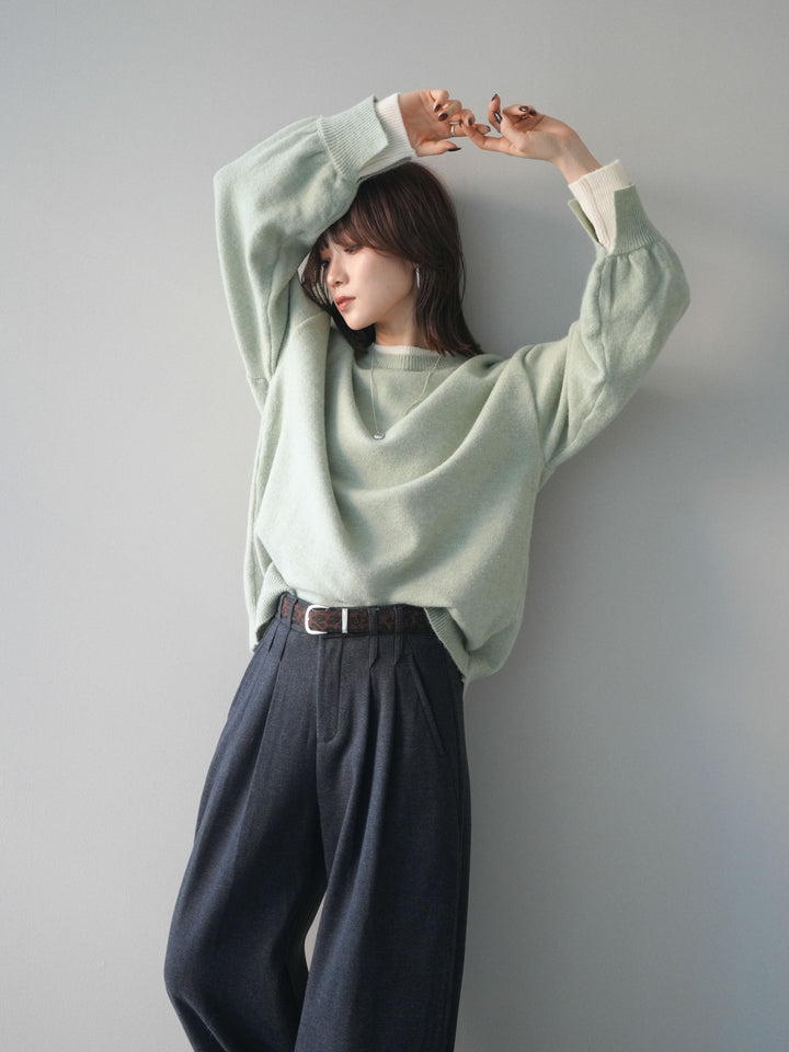 [SET]ヘンリーネック配色レイヤードニットプルオーバー+アニマル柄ベルト付きウールタッチワイドパンツ(2set)