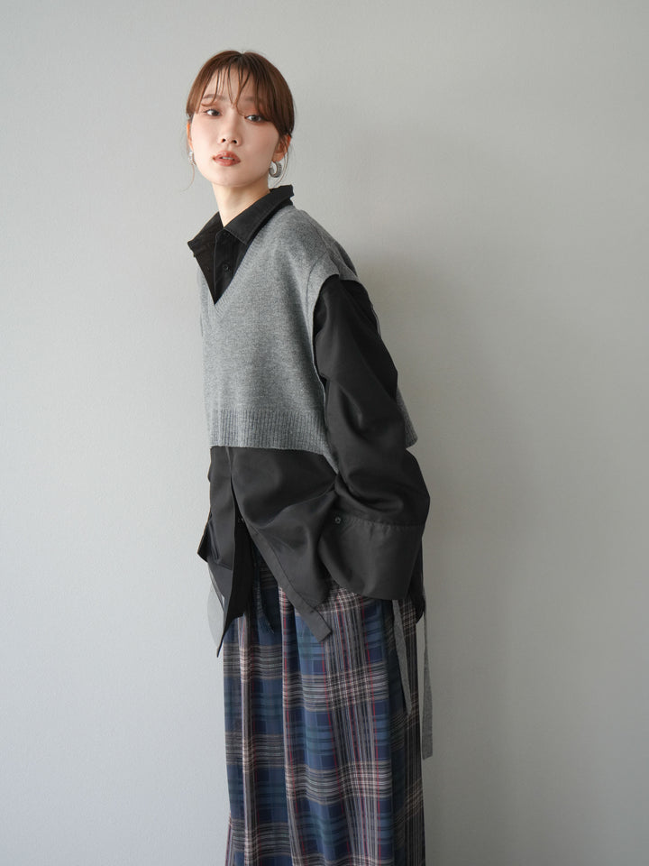 [予約]サイドリボンVネックショートニットベスト/チャコール
