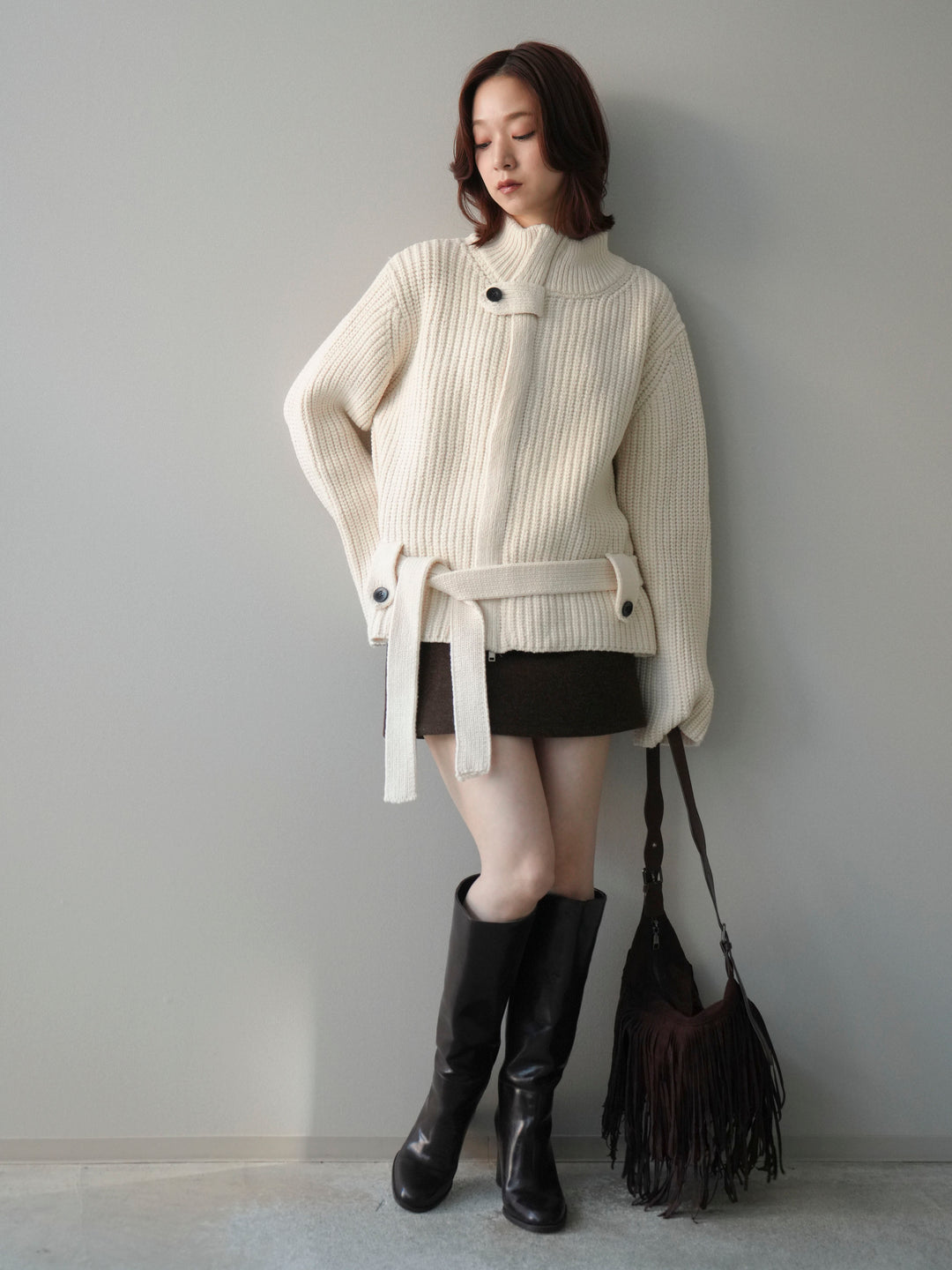 [予約]畦編みボトルネックZIPニットカーディガン/white