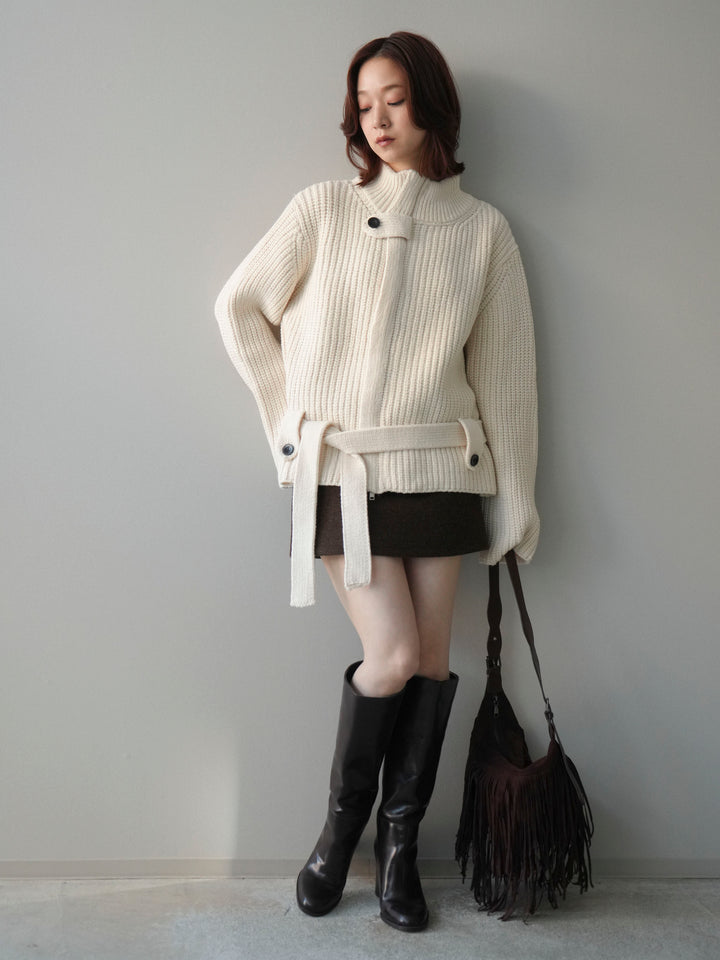 [予約]畦編みボトルネックZIPニットカーディガン/white