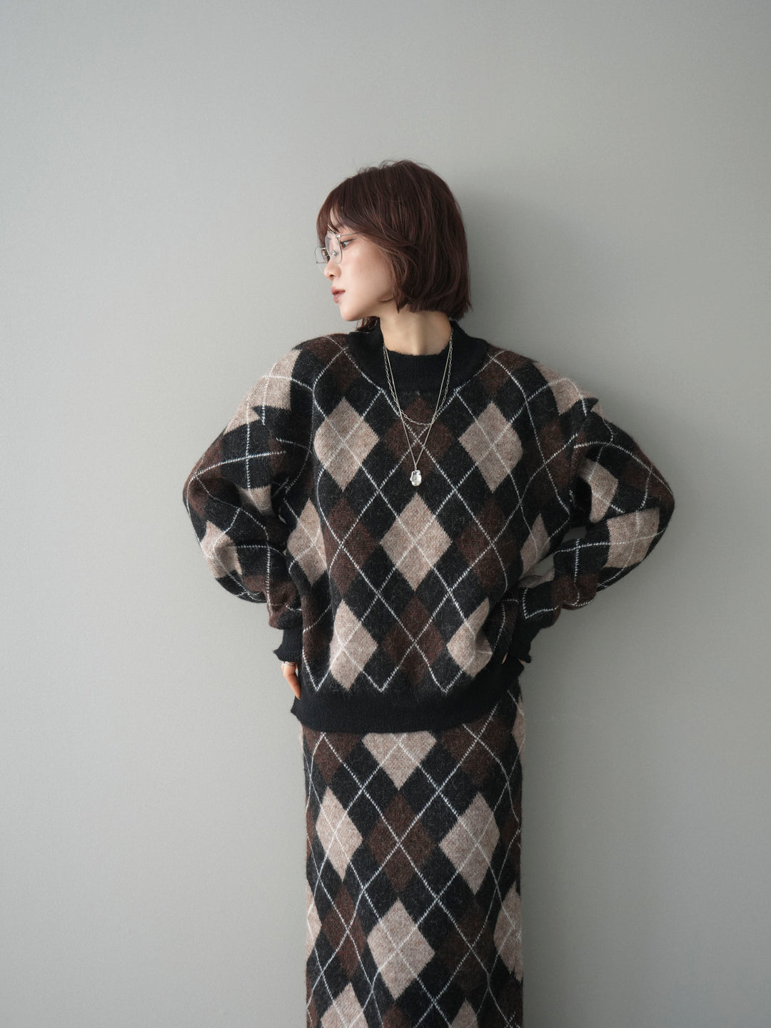 [SET]アーガイルニットプルオーバー&ロングスカートSET UP+選べるアクセセット(2set)