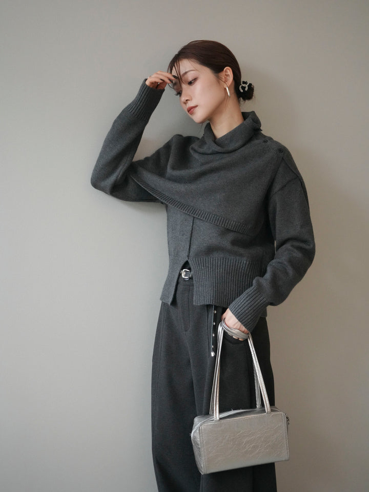 [予約]フロントスリットネックアンサンブルニット/charcoal