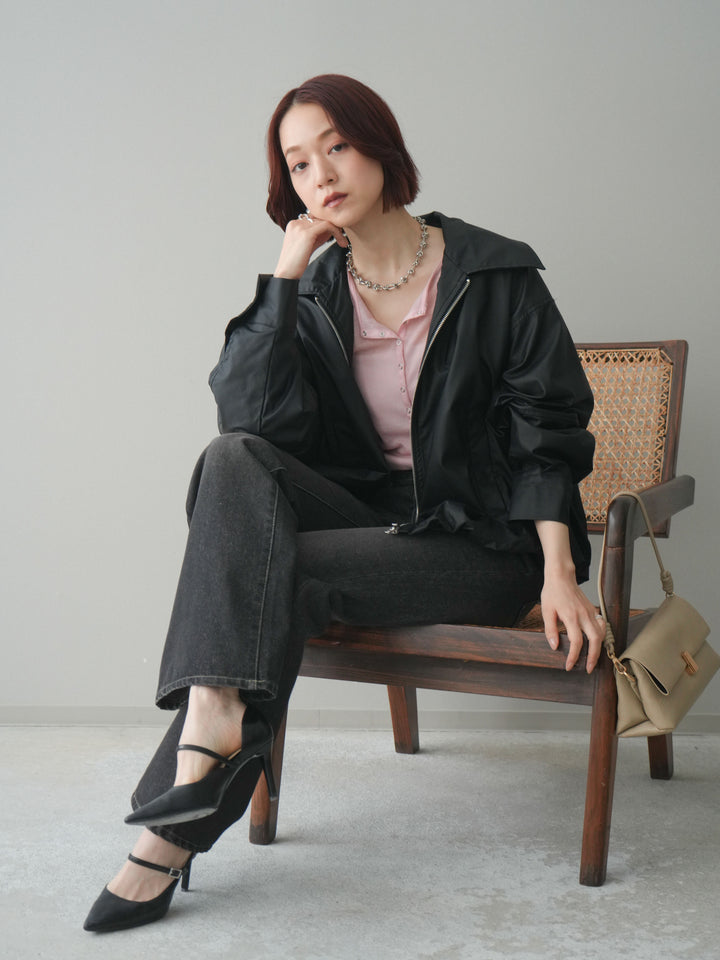 [予約]ウォッシャブルフェイクレザーバルーンジャケット/black