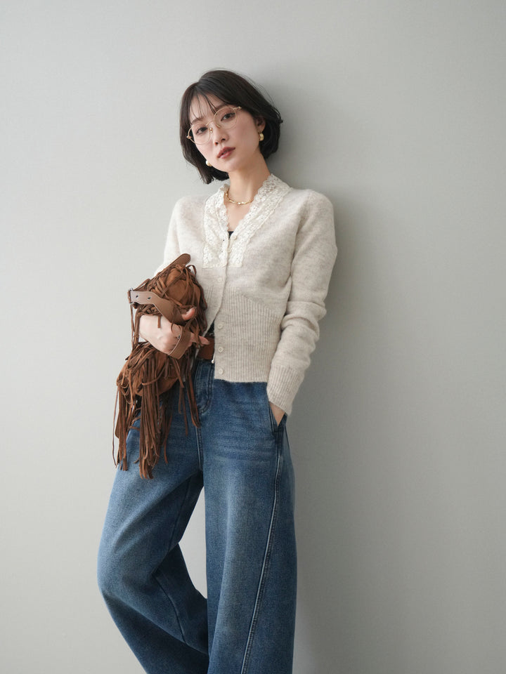[SET]レースネックコンパクトニットカーディガン+選べるアクセセット(2set)