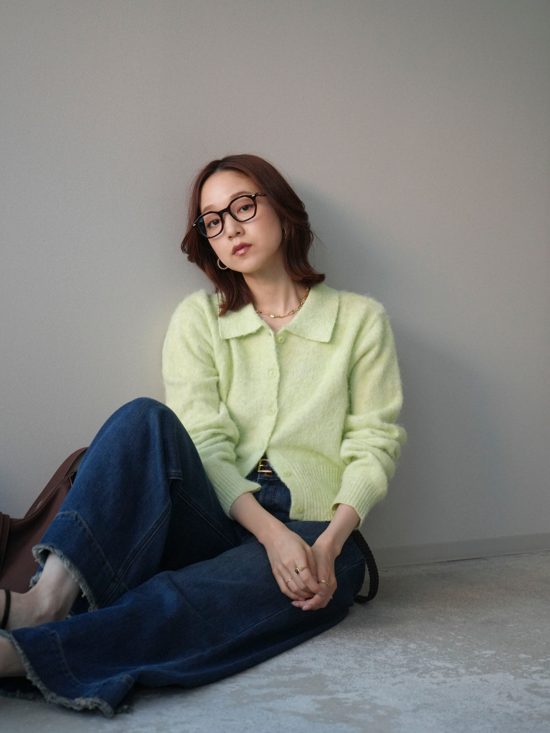 [SET]モヘア衿付きボタンプルオーバー+裏起毛裾フリンジワイドデニムパンツ(2set)