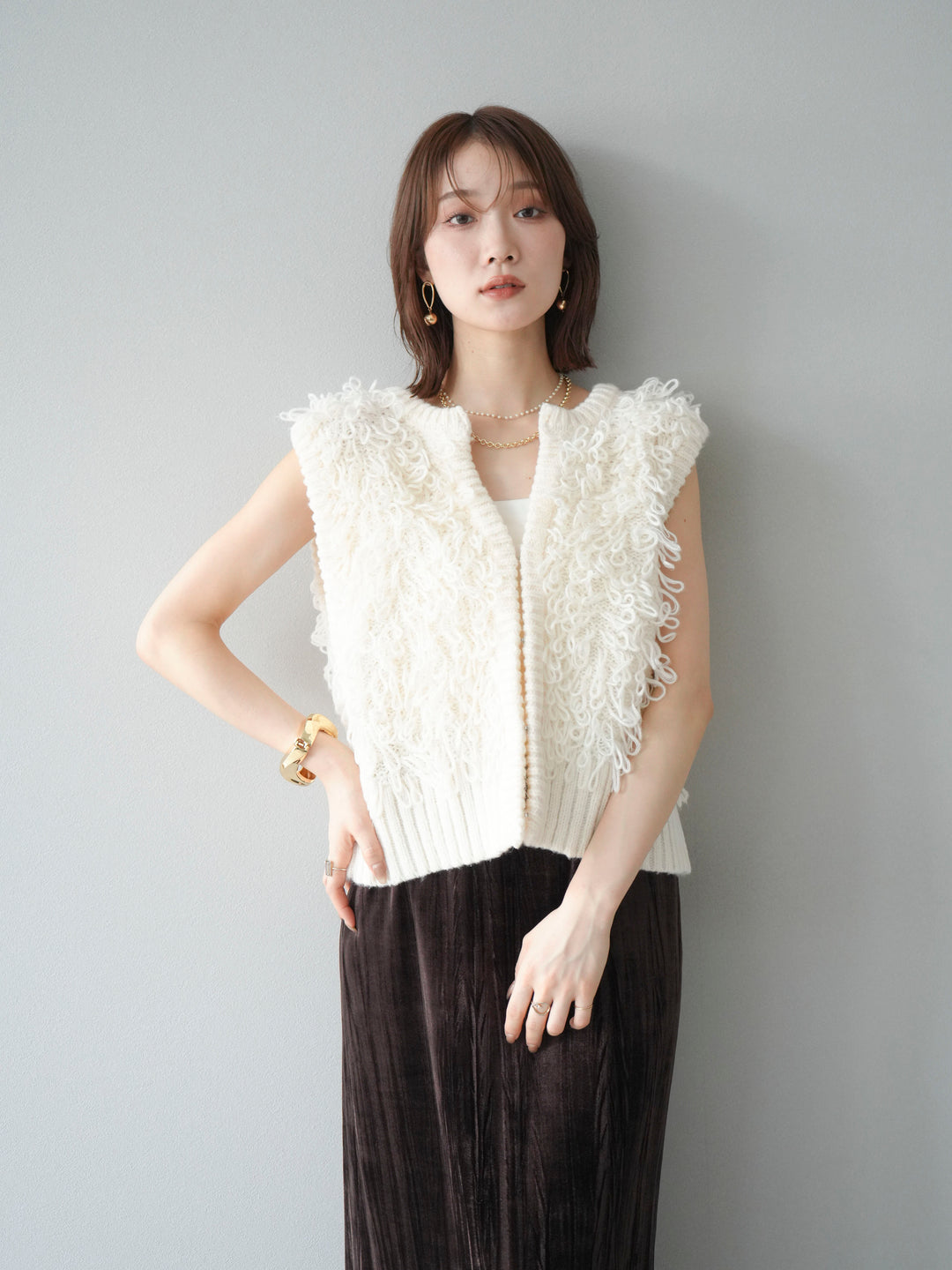 [SET]レザー襟オンブレチェックオーバーシャツ +ループデザインホックベスト +クラッシュベロアナロースカート(3set)