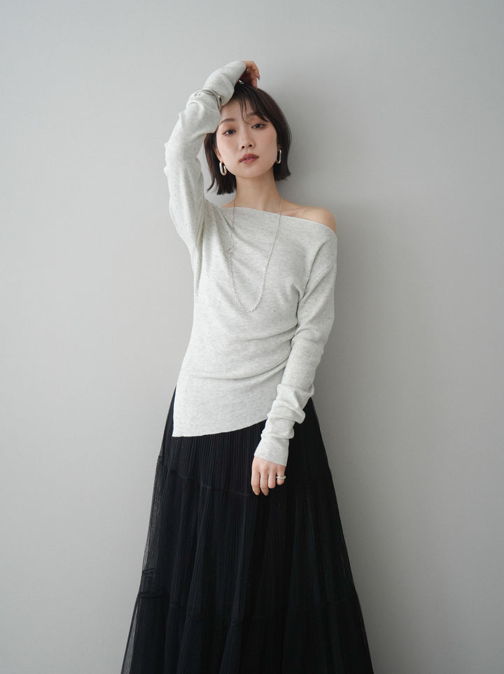 [SET]ラインストーンアシンメトリーニットトップス+ラメプリーツレイヤードチュールロングスカート(2set)