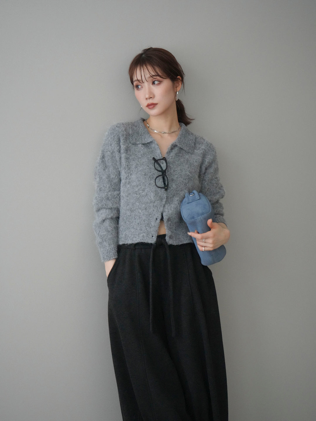 [予約]モヘア衿付きボタンプルオーバー/charcoal