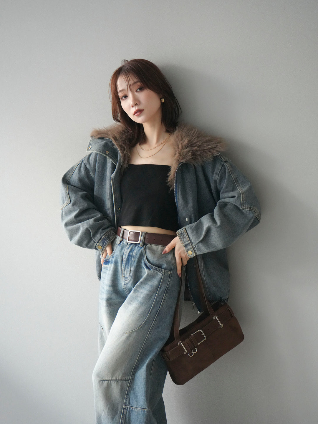 [予約]デニムxファーブルゾン/denimbrown