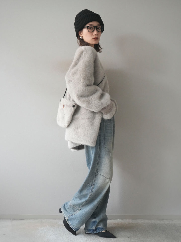 [SET]バッグ付エコファーノーカラーコート+ベルト付カーブデニムパンツ(2set)