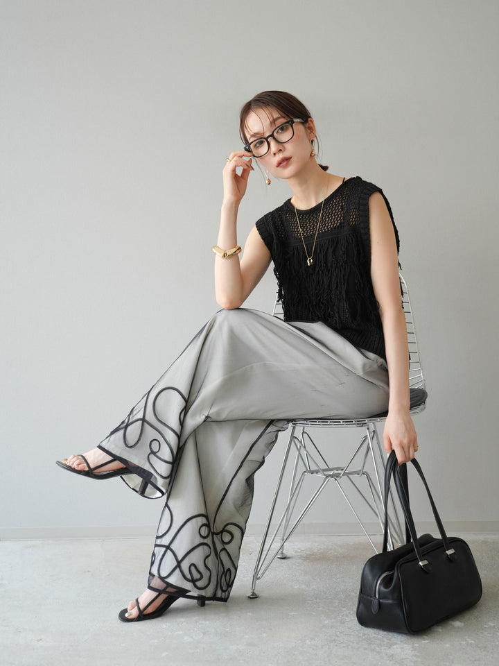 [SET]透かし編みフリンジニットトップス+コード刺繍チュールレイヤードパンツ(2set)