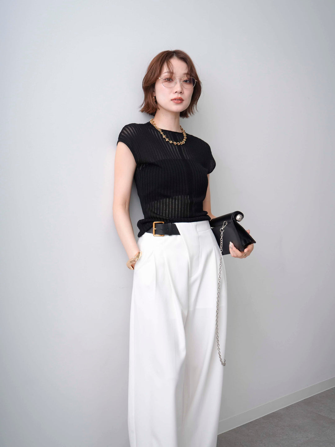 [予約]シアーリブフレンチニットトップス/black