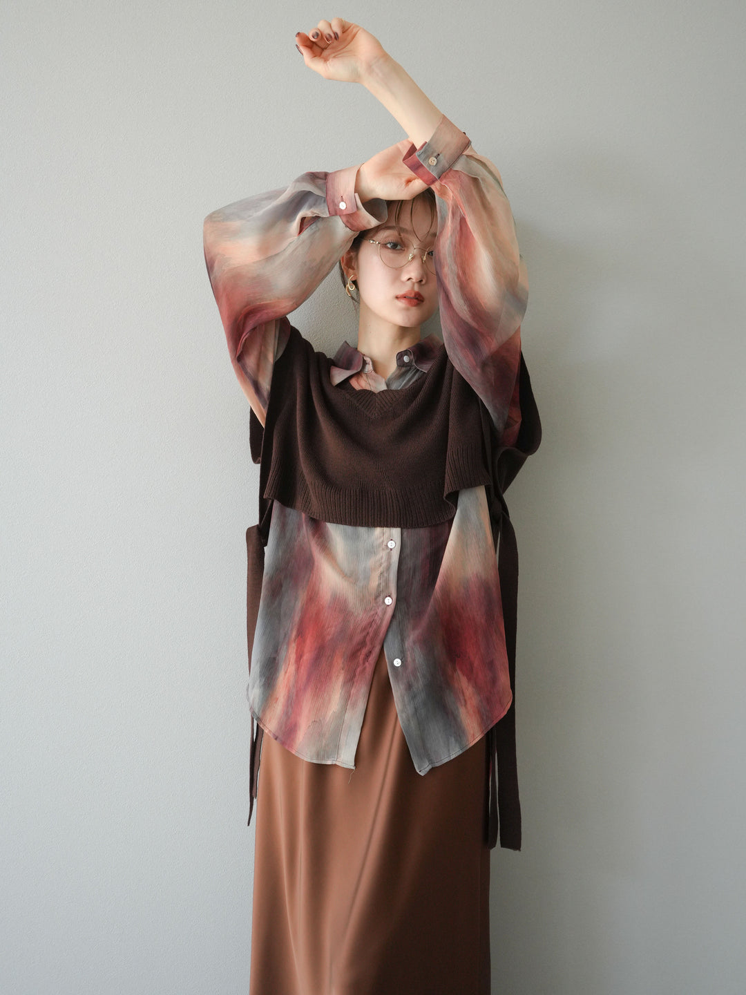 [予約]サイドリボンVネックショートニットベスト/ブラウン