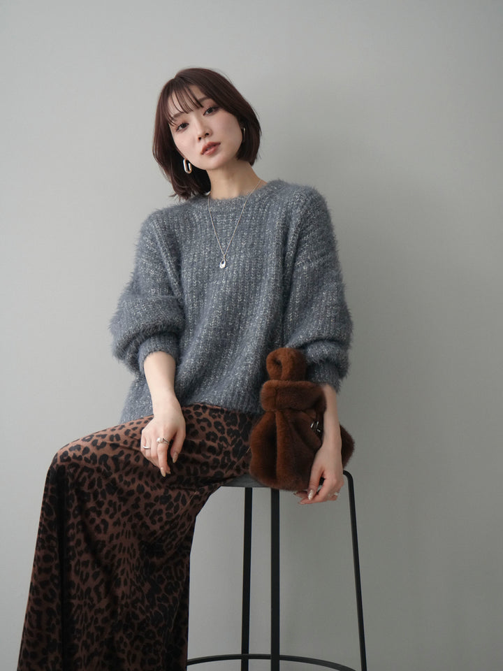 [SET]ボリュームスリーブシャギー MIXニットプルオーバー+レオパードベロアナロースカート(2set)