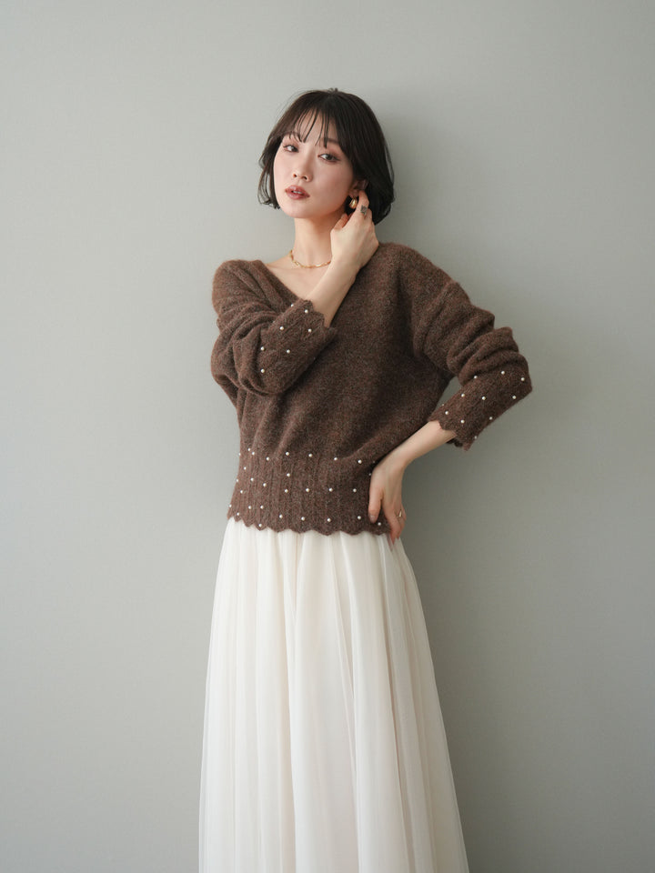 [SET]パールフリルリブヘムニットプルオーバー+チュールボリュームスカート(2set)