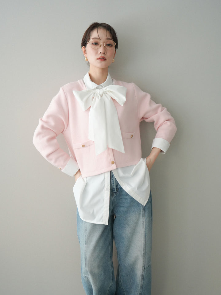 [予約]ゴールドボタンノーカラーニットジャケット/pink