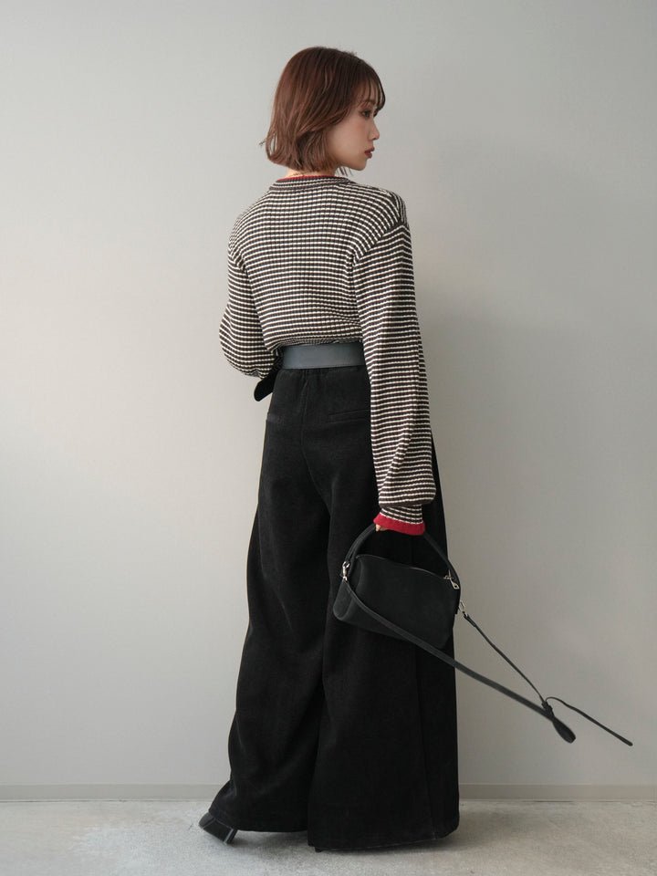 [SET]ラメ異素材ボーダーリブニットプルオーバー+ベルトデザインループコールテンワイドパンツ(ベルト付き)(2set)