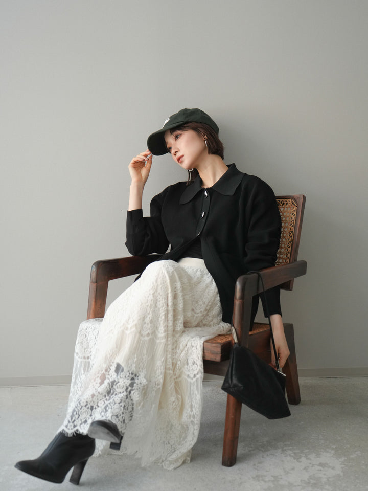 [予約]メタルボタン襟付きポリエステルニットカーディガン/black