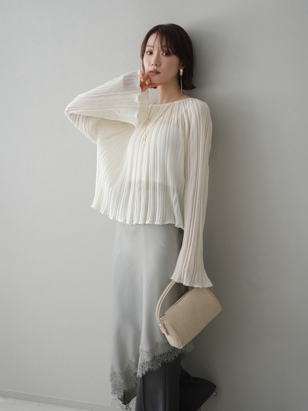 [SET]プリーツシアーフレアスリーブニットトップス+センターシームフレアパンツ(2set)